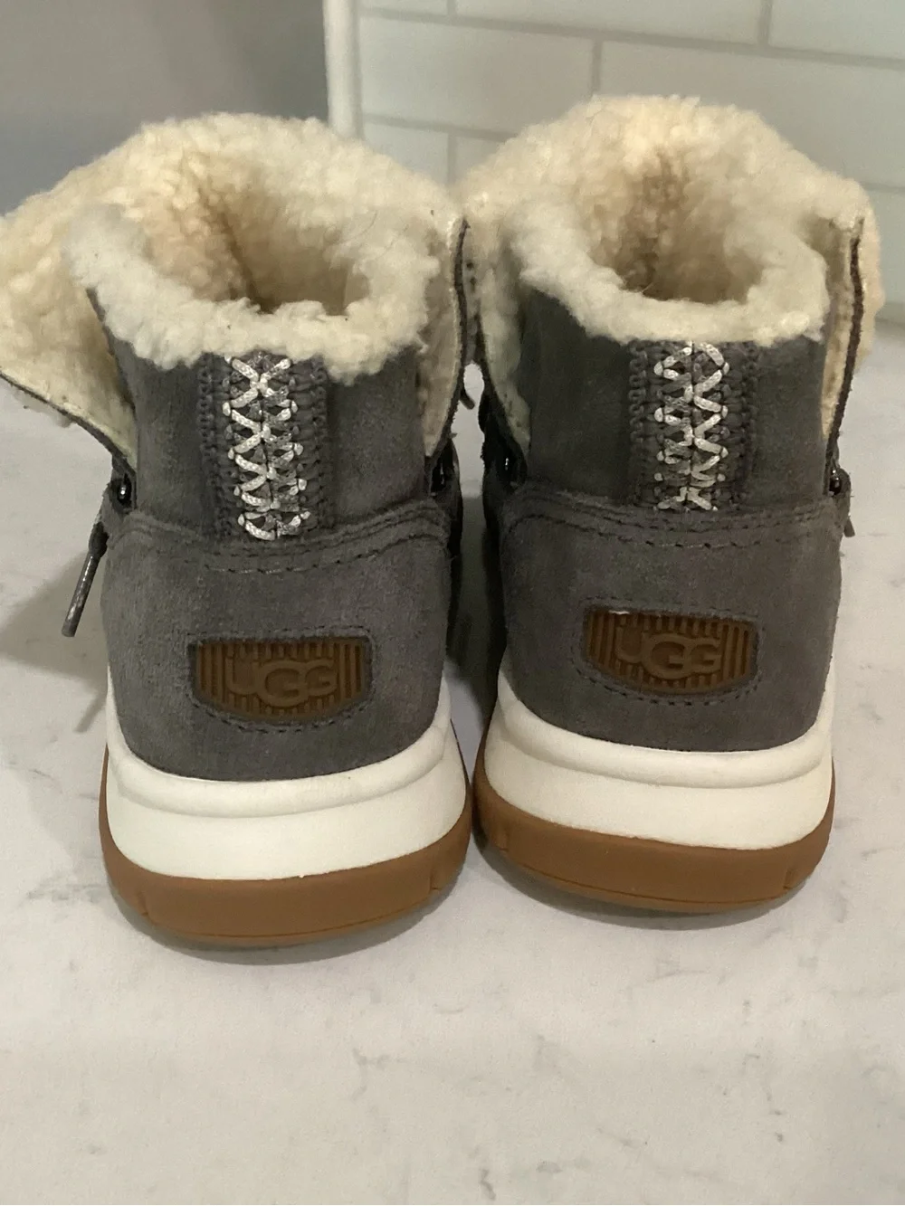 UGG Gray Suede Sherpa Cuff Winter Lace-Up Boots